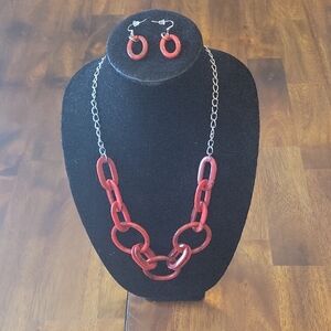 Elegant Red Link Necklace and Earring Set